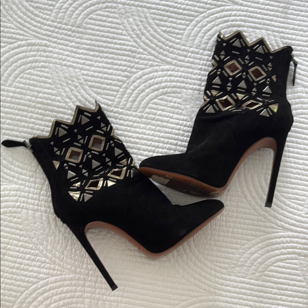 Alaia Black Suede Laser-Cut Embellished Stiletto Ankle Boots